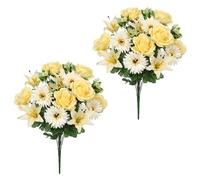 Hollyone 2PCS Artificial Grave Flower Bouquets, Yellow White Silk Roses Daisies Lilies, Fake Cemetery Ornaments for Graveside, Funeral Floral Bouquet for Outdoor Decorations