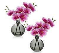 Hollyone 2pcs Artificial Pink Orchid Flower in Vase, Small Fake Orchid Plant with Glass Vase, Decorative Faux Phalaenopsis for Wedding, Centerpiece, Home Decor, Living Room, Bathroom Decorations
