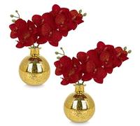 Hollyone 2pcs Artificial Red Velvet Orchid Flower in Vase, Small Fake Orchid Plant with Glass Vase, Decorative Faux Phalaenopsis for Wedding, Centerpiece, Home Decor, Living Room, Bathroom