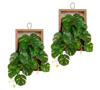 Hollyone 2PCS Hanging Artificial Plants with Wooden Frame, Dual-use Fake Monstera Plant Faux Indoor Plants, Trailing Greenery for Desk, Bathroom, Bedroom Wall, Kitchen Decorations