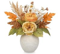 Hollyone 35CM Artificial Flowers in Cement Vase for Autumn Decorations, Rustic Fall Floral Arrangements, Silk Roses Maple Leaves Fake Daisies for Kitchen, Wedding Centerpiece, Thanksgiving Decorations