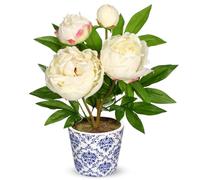 Hollyone 35CM Cream White Peonies Artificial Flowers - Fake Peonies in Blue and White Porcelain - Decorative Faux Blooms and Buds for Home Decor, Centerpiece, Wedding, Shelf, Office Decorations