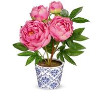 Hollyone 35CM Hot Pink Peonies Artificial Flowers - Fake Peonies in Blue and White Porcelain - Decorative Faux Blooms and Buds for Home Decor, Centerpiece, Wedding, Shelf, Office Decorations