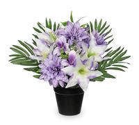 Hollyone 35CM Silk Artificial Flowers for Grave, Purple Fake Dahlias and Lilies in Black Pot, Funeral Floral Arrangements for Cemetery, Memorial Service