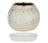 Hollyone 4.9'' Gold & White Ceramic Plant Pot, 12.5CM Decorative Planter with Saucer and Drainage Hole, Garden Pot for Succulents, Handmade Pottery for Orchid, Cactus, House Plant