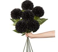 Hollyone 4'' Large Artificial Chrysanthemum Flowers with 24.7'' Long Stem, 6 pcs Black Fake Silk Flowers Faux Ball Flower for Home Decor, Bridal, Wedding, Party, Garden, Floral Arrangement