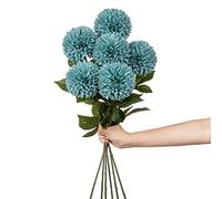 Hollyone 4'' Large Artificial Chrysanthemum Flowers with 24.7'' Long Stem, 6 pcs Blue Fake Silk Flowers Faux Ball Flower for Home Decor, Bridal, Wedding, Party, Garden, Floral Arrangement