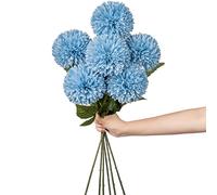 Hollyone 4'' Large Artificial Chrysanthemum Flowers with 24.7'' Long Stem, 6 pcs Blue Fake Silk Flowers Faux Ball Flower for Home Decor, Bridal, Wedding, Party, Garden, Floral Arrangement
