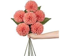 Hollyone 4'' Large Artificial Chrysanthemum Flowers with 24.7'' Long Stem, 6 pcs Pink Fake Silk Flowers Faux Ball Flower for Home Decor, Bridal, Wedding, Party, Garden, Floral Arrangement