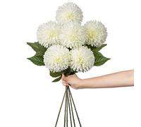 Hollyone 4'' Large Artificial Chrysanthemum Flowers with 24.7'' Long Stem, 6 pcs White Fake Silk Flowers Faux Ball Flower for Home Decor, Bridal, Wedding, Party, Garden, Floral Arrangement