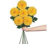 Hollyone 4'' Large Artificial Chrysanthemum Flowers with 24.7'' Long Stem, 6 pcs Yellow Fake Silk Flowers Faux Ball Flower for Home Decor, Bridal, Wedding, Party, Garden, Floral Arrangement