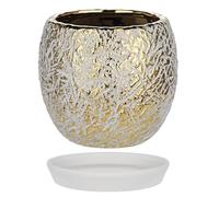 Hollyone 5.3'' Gold & White Ceramic Plant Pot, 13.5CM Decorative Planter with Saucer and Drainage Hole, Garden Pot for Succulents, Handmade Pottery for Orchid, Cactus, House Plant