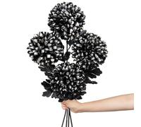 Hollyone 6'' Large Artificial Chrysanthemum Flowers with 24.7'' Long Stem, 4 pcs Black Silver Fake Silk Flowers Glittery Faux Ball Flower for Home Decor, Wedding, Party, Halloween, Floral Arrangement
