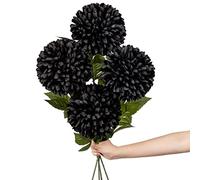 Hollyone 6'' Large Artificial Chrysanthemum Flowers with 25.6'' Long Stem, 4 pcs Black Fake Silk Flowers Faux Ball Flower for Home Decor, Bridal, Wedding, Party, Garden, Floral Arrangement