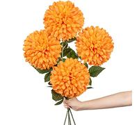 Hollyone 6'' Large Artificial Chrysanthemum Flowers with 25.6'' Long Stem, 4 pcs Orange Fake Silk Flowers Faux Ball Flower for Home Decor, Bridal, Wedding, Party, Garden, Floral Arrangement