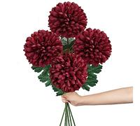 Hollyone 6'' Large Artificial Chrysanthemum Flowers with 25.6'' Long Stem, 4 pcs Red Fake Silk Flowers Faux Ball Flower for Home Decor, Bridal, Wedding, Party, Garden, Floral Arrangement