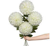 Hollyone 6'' Large Artificial Chrysanthemum Flowers with 25.6'' Long Stem, 4 pcs White Fake Silk Flowers Faux Ball Flower for Home Decor, Bridal, Wedding, Party, Garden, Floral Arrangement