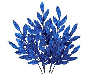Hollyone 6 pcs Christmas Bay Leaves Glitter Xmas Foliages, 60cm Blue Christmas Tree Decorations, Artificial Leaves Stem Xmas Ornaments for New Year, Wedding, Party, Flower Arrangement