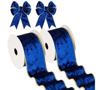 Hollyone 63mm x 10yd Blue Velvet Ribbons, 2PCS Thick Christmas Ribbons for Gift Wrapping, Wide Ribbons for Crafting, Wired Ribbons for Wedding Car, Xmas Tree, Birthday Decorations