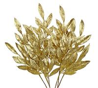 Hollyone 6pcs Christmas Bay Leaves Glitter Xmas Foliages, 60cm Gold Christmas Tree Decorations, Artificial Leaves Stem Xmas Ornaments for New Year, Wedding, Party, Flower Arrangement