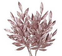 Hollyone 6pcs Christmas Bay Leaves Glitter Xmas Foliages, 60cm Rose Gold Christmas Tree Decorations, Artificial Leaves Stem Xmas Ornaments for New Year, Wedding, Flower Arrangement