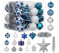 Hollyone 72 Pcs Christmas Bauble Set with Star of Bethlehem, Assorted Shapes & Sizes Xmas Ornaments for Tree Decorations, Blue White Silver Christmas Balls for Party, Centerpiece, New Year