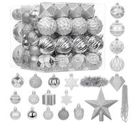 Hollyone 72 Pcs Christmas Bauble Set with Star of Bethlehem, Assorted Shapes & Sizes Xmas Ornaments for Tree Decorations, White Silver Christmas Balls for Party, Centerpiece, New Year