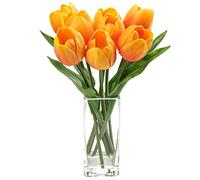 Hollyone 8PCS Artificial Tulips with Glass Vase Realistic Fake Flowers, Real Touch Orange Faux Flowers in Vase for Home, Living Room, Wedding, Centerpiece, Office, Party Decorations