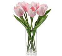 Hollyone 8PCS Artificial Tulips with Glass Vase Realistic Fake Flowers, Real Touch Pink Faux Flowers in Vase for Home, Living Room, Wedding, Centerpiece, Office, Party Decorations
