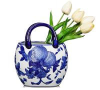 Hollyone 9" Blue and White Ceramic Vase for Home Decor, Hand-Painted Porcelain Flower Vase with Handbag Shape, Chinoiserie-Inspired Decorative Vases for Table, Shelf, Living Room