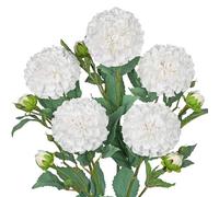 Hollyone Artificial Ball Dahlia Flowers, Set of 5 | 24.8" Tall Silk Dahlia Stems with 5 Buds, 4.7" White Fake Blooms Faux Flowers for Home Decor, Centerpiece, Wedding, Floral Arrangements