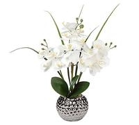 Hollyone Artificial Flowers Orchid Phalaenopsis Fake Flowers Arrangement in Silver Ceramic Pot for Home Windowsill Wedding Centerpiece Table Kitchen Bathroom Decoration, Height 20.8”/52.8cm, White
