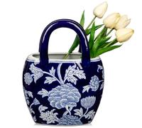 Hollyone Blue and White Ceramic Vase for Home Decor - Hand-Painted Porcelain Flower Vase with Handbag Shape - Chinoiserie-Inspired Decorative Vases - 10.6" for Table, Shelf, or Mantel