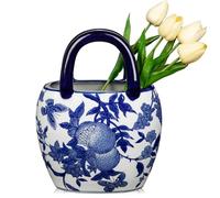 Hollyone Blue and White Ceramic Vase for Home Decor - Hand-Painted Porcelain Flower Vase with Handbag Shape - Chinoiserie-Inspired Decorative Vases - 10.6" for Table, Shelf, or Mantel