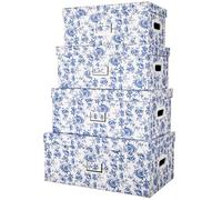 Hollyone Blue & White Storage Boxes with Lids, Cardboard Containers with Handle Holes, Rectangle Wardrobe Boxes, Set of 4 Nesting Assorted Sizes Packaging Boxes for Toys, Cloth, Home Organization