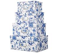 Hollyone Classic Blue & White Flower Pattern Cardboard Gift Boxes, Set of 4 Nesting Sizes: 17x12x8 cm, 20x14x9 cm, 23x16x10 cm, 26x18x11.5 cm, Perfect for Gifts, Jewelry, Parties, Festivals