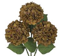Hollyone Pack of 3 Hydrangea Artificial Flowers, Brown Fake Hydrangea Stems with Large 7'' Blooms, Long Stem Silk Flowers for Floral Arrangement, Tall Vase, Home Decor, Wedding Decorations