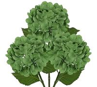 Hollyone Pack of 3 Hydrangea Artificial Flowers, Deep Green Fake Hydrangea Stems with Large 7'' Blooms, Long Stem Silk Flowers for Floral Arrangement, Tall Vase, Home Decor, Wedding Decorations