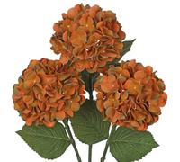 Hollyone Pack of 3 Hydrangea Artificial Flowers, Deep Orange Fake Hydrangea Stems with Large 7'' Blooms, Long Stem Silk Flowers for Floral Arrangement, Vase, Home Decor, Wedding Decorations