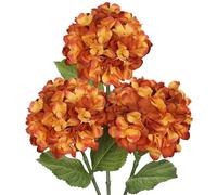 Hollyone Pack of 3 Hydrangea Artificial Flowers, Orange Fake Hydrangea Stems with Large 7'' Blooms, Long Stem Silk Flowers for Floral Arrangement, Tall Vase, Home Decor, Wedding, Autumn Decoration