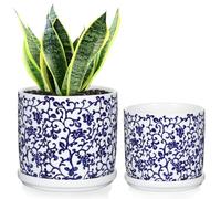 Hollyone Set of 2 Ceramic Plant Pots, 14CM 11.5CM Blue and White Porcelain Planters with Drainage Holes and Saucers, Handmade Flower Pots, Decorative Pottery for Succulents, Cacti, Orchids, Herbs