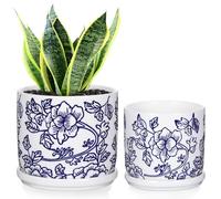 Hollyone Set of 2 Ceramic Plant Pots, 14CM 11.5CM Blue and White Porcelain Planters with Drainage Holes and Saucers, Handmade Flower Pots, Decorative Pottery for Succulents, Cacti, Orchids, Herbs