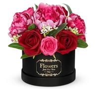 Hollyone Silk Artificial Flower Gift Box, 7'' Pink Red Floral Arrangements for Birthdays, Anniversaries, Fake Flower Bouquet for Wedding Decorations, Realistic Faux Roses and Peonies for Home Decor
