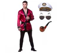 Hollywood Batchelor Costume + Captains Hat + Aviator Glasses + Pipe : Adult Men Smoking Jacket Robe Fancy Dress (Plus Size)