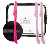 Hollywood Browzer Glow Kit - 3 x Dermaplaning Razors + Deluxe Microfibre Makeup Puff + Clear Toiletries Travel Bag Bundle Gift Set (Pink Bundle)