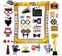 Hollywood Party Decorations - 32pcs Movie Night Accessories, Movie Props, Oscars Party Decorations, Hollywood Theme Photobooth Props Photo Inflatable Frame, Photobooth Party Props Birthday