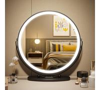 Hollywood Round Makeup Mirror, Free Standing Vanity Table Lighting Large Mirror with Led Light, Tabletop Cosmetic Mirror, 360° Rotation and Touch Dimmable 3 Colors for Bedroom Living Room