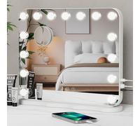 Hollywood Vanity Mirror with 15 Dimmable LED Bulbs, Lighted Makeup Mirror with USB & Type-C Output Ports, Touchscreen Control Dressing Table Mirror with 3 Color Lighting Modes, 48cm x 58cm
