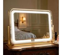 Hollywood Vanity Mirror With Light Gold LED Lighted Makeup Mirror56×42cm | Dimmable 3 Color Light,Touch Control Light Up Dressing Table Mirror,10X Magnifying,USB Port,360° Rotation,Women's Gift