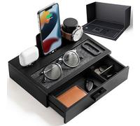 Holme & Hadfield Premium Wooden Phone Docking Station with Drawer - Nightstand Organizer for Charging Phone & Earbuds - Declutter Your Space with Felt-Lined Protection & Watch Pillar - Gift For Men